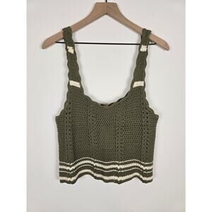 Fate Knit Sage Green Crochet Crop Tank Top White Stripe Hem Sz L